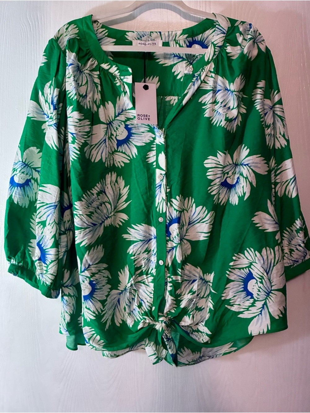 Rose & Olive Green Floral Tie-Front Button-Down Blouse